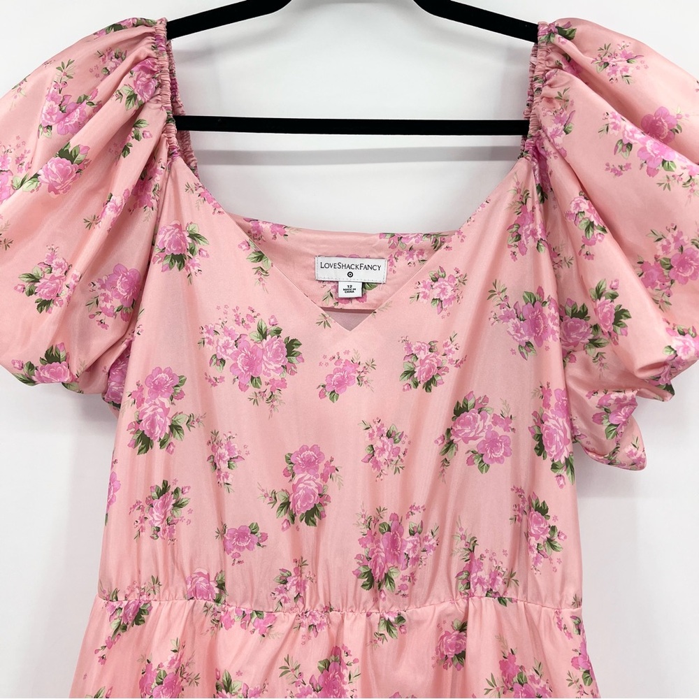 LoveShackFancy x Target Cecile Puff Sleeve Pink Satin Floral Mini Dress Size 12 - Picture 5 of 11